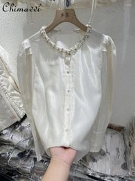 Women's Blouses 2024 Spring European Goods Fashion Bead Shirt Top Loose Long-Sleeved Bubble Sleeve French Style Elegant Blouse