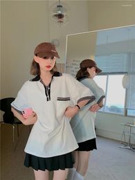 Women's Polos Summer Harajuku College Style Stripe Polo Shirt Women Collar Casual Tee Top Short Sleeve All-match