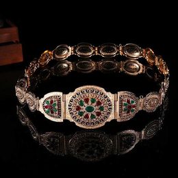 Waist Chain Belts Moroccan wedding metal belt Abaya dress belt chain with green and red artificial gemstones metal gold-plated ethnic bride gift Q240523