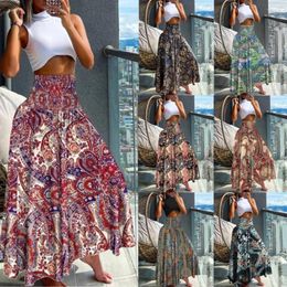 Skirts Women High Elastic Waist Floral Print Maxi Long Summer Female Ethnic Boho Holiday Dance Dresses SZE-Z24028