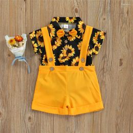 Clothing Sets Baby Boy Summer Short Sleeve Shirt Clothes Kids Sunflower Print Bow Button Bodysuit Rompers Suspender Shorts 2024