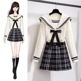 Work Dresses 2024 Autumn Women Suit Fashion Doll Collar Sweater Plaid Skirt Large Size Two-piece Female