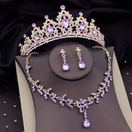 Gorgeous Purple Crystal Bridal Jewellery Sets for Women Tiaras Crown Bride Earrings Necklace Wedding Jewellery Set Fashion