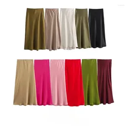 Skirts European And American Style Women's Clothing French Fashion Silk Satin Texture High-waisted Skirt Solid Color Faldas Ajustadas