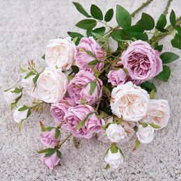 Decorative Flowers 1PC 6 Heads Artificial Silk Rose White Peony Bouquet Fake For Wedding Table Party Vase Home Christmas Decoration