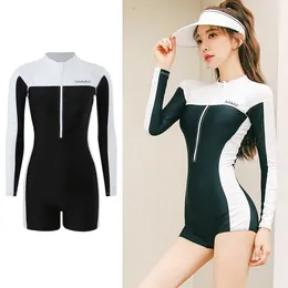 Women's Swimwear Korean One Pieces Swimsuit Black White Patchwork Sport Long Sleeve Sports Surfing Bathing Suit 2024