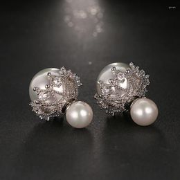 Stud Earrings Fashion Duble Side White Pearl For Women Sparking CZ Pave Wedding Earring Brincos Female Party Gifts E-003