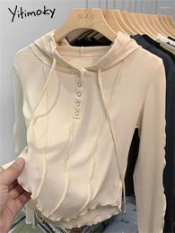 Women's T Shirts Yitimoky Ruffles Hooded For Women 2024 Korean Fashion Cropped Slim Tops Office Ladies Long Sleeve Solid Tee