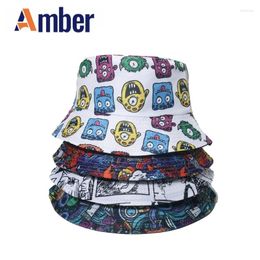 Berets Amber Anime Japanese Cartoon Printed Bucket Hat Double Side Reversible Hats For Men Women Unisex Foldable Cotton Cap Sunscreen