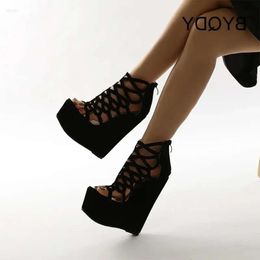 Hollow Cut Sandals BYQDY Summer Outs Women Rome Open Toe Flock Cover Heel Female Wedges High Heels Lady with Z cdc s