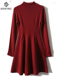 Casual Dresses Birdtree 90%Wool 10%Cashmere Knit Dress Half-high Neck Long Sleeve Solid Elegant Temperament Commute Winter D3N403QD