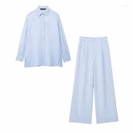 Women's Two Piece Pants Suit 2024 Spring Summer Linen Loose Set For Women Casuals Chic Ladies Shirt Wide Leg