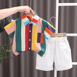 Clothing Sets 2024 Baby Boy Summer Clothes For Kids Fashion Colourful Striped Short Sleeve Shirts And Shorts Set Toddler Outfits Childrens