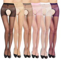 Women Socks Sexy Tights Pantyhose Sheer Open Crotch Ultra Thin Solid Color Hollow Out See Through Stretchy Stockings Long