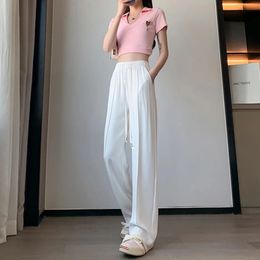 Summer Wide Leg Pants Women Thin Ice Silk White Casual Suit Pants Fitted Moped Pants High Waist Loose Base Pants Y2K 240524