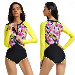 Women's Swimwear Yellow One-Piece Colourful Closed Swimsuit Zip Full Sleeve Beach Clothes Female Surf Sport Whole Woman Jumpsuit Fit Body