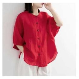 Puff Sleeve Summer Linen Women Loose Vintage Blouse Casual Tops Big Size Women's Clothing Elegant Feminine Shirts