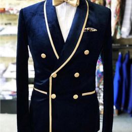 Navy Blue Double Breasted Wedding Tuxedos Groom Shawl Lapel Velvet Suits Men Party Blazer Prom Business Designer Jacket Only One Piece 2245
