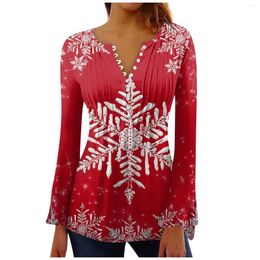 Women's T Shirts Christmas Snowflake Print Button T-Shirt Festival Style Long Sleeve Higt Waist Slim Top Causal V-Neck Elegant Fashion Shirt