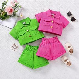 Clothing Sets Girl's Summer Segment Suit Toddler Fashion Lapel Pocket Top Denim Shorts 2 Piece Set 2-7Y European And American Trend