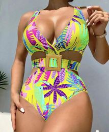 Women's Swimwear Vintage Contrast Floral Print One Piece Swimsuit Retro Hollow Out Buckle 2024 Bathing Suit Backless Monokini Beachwear