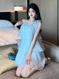 Casual Dresses WOMENGAGA Fairy Dress Blue Mesh Sheer Sexy Loose Layer Ruffle Chiffon Slim Holiday Elegant For Women Korea Style L8OJ