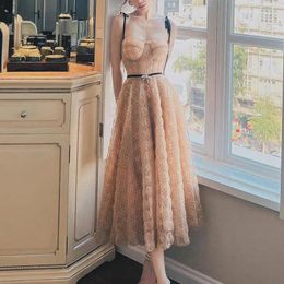 Casual Dresses Fashionable Bow Slimming Suspender Long Dress Polka Dot Mesh Flower Sexy Party Evening 2024 Spring Summer