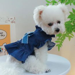 Dog Apparel Dogs Clothing Cat Bow Blue Denim Skirt Clothes Ruffle Stand Collar Flutter Sleeve Dress Small Spring Autumn Girl Pet Items