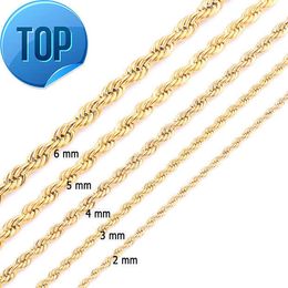 High Quality Gold Plated Rope Chain Stainless Steel Necklace For Women Men Golden Fashion Twisted Rope Chains Jewelry Gift 2 3 4 5 6 7mm