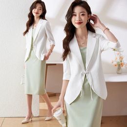 Two Piece Dress White In Thin Section 3/4 Sleeve Suit Coat Women's Small Summer Design Sense Temperament Leisure Buckle Women