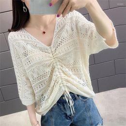 Women's Sweaters High-quality Soft V-neck Hollow Cut Solid Color Spring Summer Slim Half Sleeve Sweater Thin Pullover Loose Blouse Women