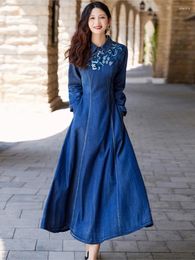 Casual Dresses 2024 Chinese Style Women Autumn Slim-type Denim Dress Retro Turn-down Collar Embroidery Spliced