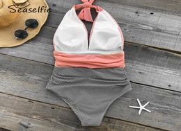 SEASELFIE Sexy Pink and Stripe Halter Deep Vneck OnePiece Swimsuit Women Padded Monokini 2020 Beach Bathing Suit Swimwear MX20069119033