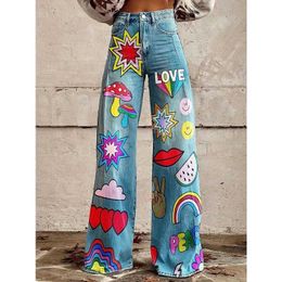 Women's Jeans Womens Blue Patchwork Pattern Print Casual Wide Leg Pants Vintage Color Floral Summer Trousers Funny Soft Flare Pants Plus Size T240523