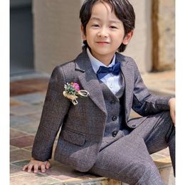 Korea Boys Wedding Dress Japan Kids Birthday Ceremony Costume Children Jacket Vest Pants Bowtie Flower 5PCS Photography Suit 86c4d7