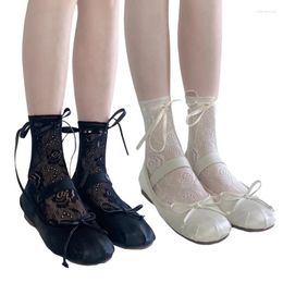 Women Socks Womens Floral Lace Calf Ruffle Trim Middle Tube Stockings Japanese Style Bowknot