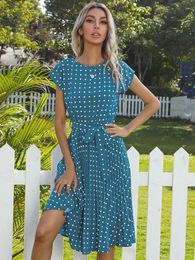 Basic Casual Dresses JIM NORA Womens Beach Sun Skirt Short Slave Polka Dot Print Vista A-line Flower Elegant High Waist Pleated Casual Midi Dress Y2405248GFE