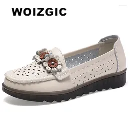 Casual Shoes WOIZGIC Women Female Ladies Mother Genuine Leather Flats Loafers Platform Hollow Slip On Summer Cool Flowers Moccasins