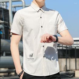 Men's Casual Shirts Fashion Stripe Short Sleeve Korean Shirt Single Patch Pocket Simple Design Standard-fit Button-down Collar