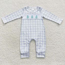 Clothing Sets Wholesale Boy Boutique Romper Christmas Embroidery Tree Plaid Blue Long-sleeved Jumpsuit