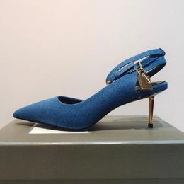 24S Luxury Elegant Denim Padlock Pointy Naked Sandal Cut-Outs metal carved heel dove grey Round Toes Heel Dress Shoes Blue Designer Womens Sandals Ankle Strap Pumps
