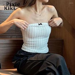 Women's Tanks PixieKiki White Knit Y2k Summer Coquette Tube Top Bow Cropped Tank Tops Women Trending Clothing 2024 P84-AH10