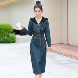 Casual Dresses Fashion Hooded Denim Dress For Women Long Sleeve V-Neck Patchwork Slim Fit Hood Jean Spring Autumn Elegant