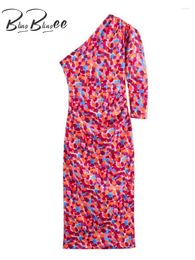 Casual Dresses BlingBlingee Y2K Printed Women Pencil Dress Summer Puff Sleeve Asymmetric One Shoulder Slim Robe Female Midi Long