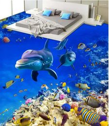 Wallpapers 3d Flooring Blue Ocean Dohphin PVC Waterproof Floor Self-adhesive Home Decoration