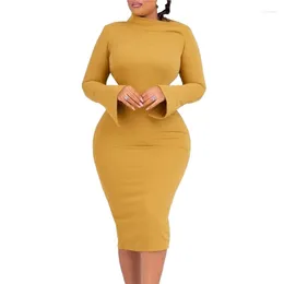 Casual Dresses African For Women Fashion Elegant Party Dress Autumn Winter Long Sleeve Stretch Tight Diagonal Collar Solid Office Lady