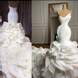 2021 Elegant Mermaid Wedding Dresses Sweetheart Pleat Ruffles Tiered Skirt Organza Custom Chapel Train Formal Bridal Gowns vestido de n 2336