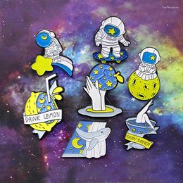 Brooches Space Astronaut Alien Enamel Pin Starry Sky Star Moon Planet Galaxy Universe Cocktail Lemon Drink Art Brooch Lapel Jewellery