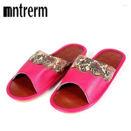 Slippers Mntrerm Summer Couples Leather Women House Home Shoes Pantufas Flip Flops Mules Ladies Genuine