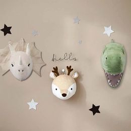 INS Nordic Animal Head Dinosaur Wall Decor Elephant Deer Hanging Mount Stuffed Animal Plush Toy Princess Doll Nursery Room 240522